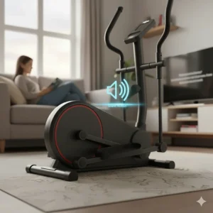 Close-up of a whisper-quiet under-desk elliptical in a modern British living room, highlighting its silent operation suitable for shared flats and home offices.