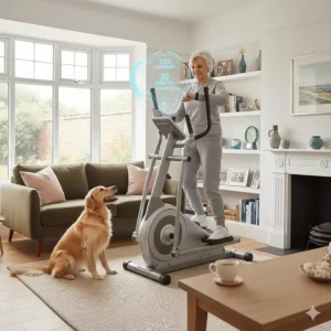 A senior woman checking her progress on a wearable device after completing a gentle 30-minute workout on a cross trainer.