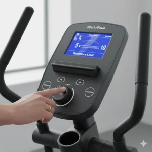 A person adjusting the resistance level on a digital elliptical console to ensure a safe and controlled intensity for a bone-strengthening workout.