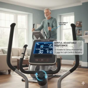 Graphic showing gentle, adjustable resistance levels suitable for senior physiotherapy and light cardio.