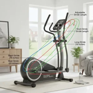 Illustration of adjustable stride length settings on a cross trainer for taller, heavier UK users.