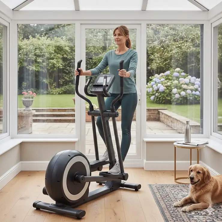 A person using a high-quality cross trainer in a bright home conservatory to relieve joint pressure on knees and the lower back. cross trainer for bad knees and back pain