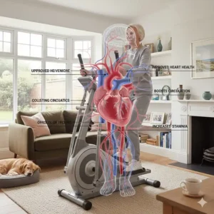 Diagram showing the cardiovascular benefits of cross training, including improved heart health and circulation for seniors.
