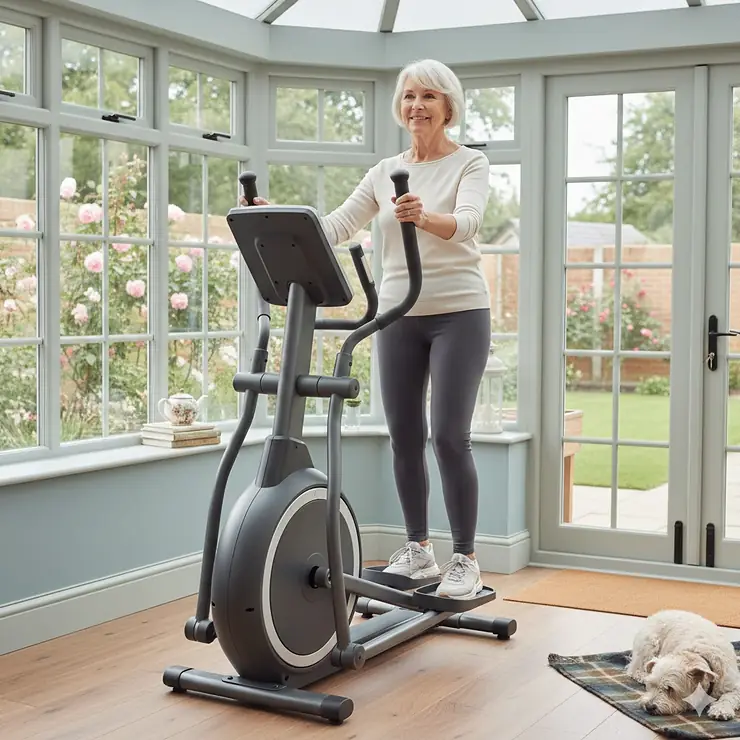 A senior British woman exercising on a compact centre drive elliptical trainer in a sunlit living room, demonstrating a natural upright posture and low-impact movement. centre drive elliptical for elderly users