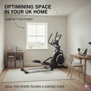 A premium cross trainer with a 22 inch stride positioned in a typical UK spare room or garage gym.