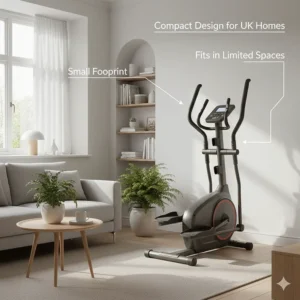 A compact elliptical cross trainer with a small footprint, positioned in a modern UK living room to suit limited home gym spaces.