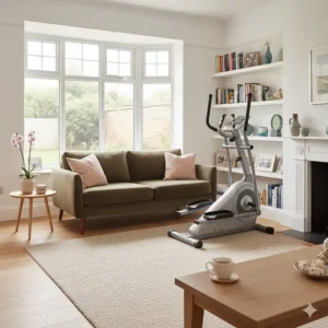 A compact cross trainer positioned in a bright UK lounge with a bay window, demonstrating space-saving fitness equipment.