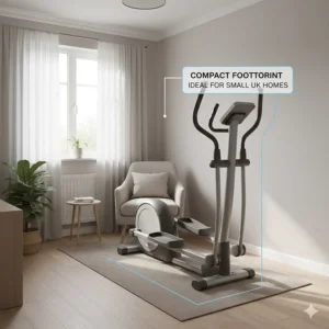 A scaled illustration showing the machine fitting neatly into a typical UK spare room or bungalow lounge.