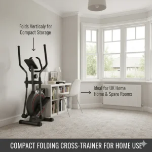 A compact, vertical folding cross trainer stored in a modern British spare room featuring a radiator and bay window.