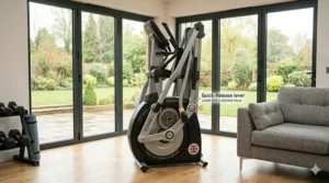 A compact, folding elliptical machine stored in a modern UK home to save floor space.