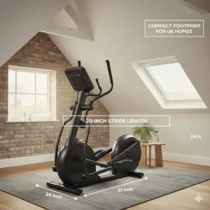 Alt text for image 9: Line drawing showing the compact footprint of a front drive elliptical suitable for 6ft tall users in a British spare room.