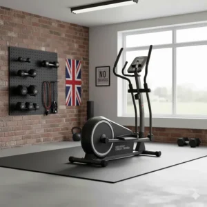 A sturdy rear drive cross trainer positioned in a UK garage gym or spare room.