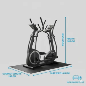 Illustration showing the compact footprint of a rear drive elliptical trainer suitable for small flats.