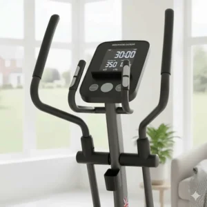 Easy-to-read backlit console on a heavy-duty cross trainer showing heart rate and calorie burn tracking.