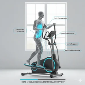 Medical illustration showing how cross trainer exercise engages core muscles to provide better spine support and reduce back ache.