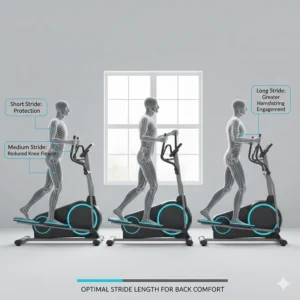 Illustration comparing short, medium, and long stride lengths on a cross trainer for optimal back comfort and knee flexion.