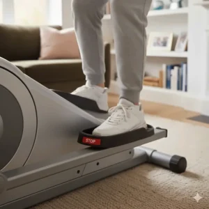 Close-up of wide, non-slip pedals and a safety stop button on a cross trainer, designed for stability and senior safety.