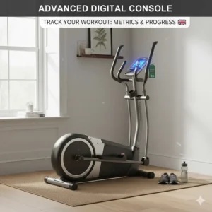 Backlit digital console on a front drive elliptical tracking calories, distance, and heart rate.