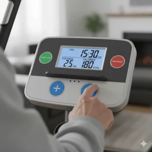 Close-up of a simple cross trainer console showing large buttons and a clear digital display measuring distance in kilometres.
