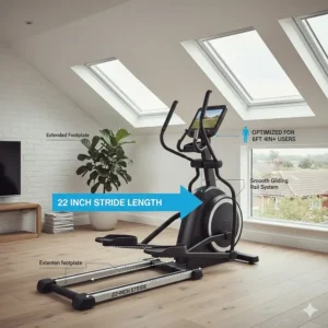 Technical diagram illustrating the 22 inch stride length on an elliptical trainer for taller users.