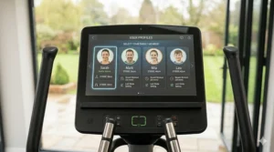 Digital touchscreen console showing personalised family user profiles on a multi-user elliptical.
