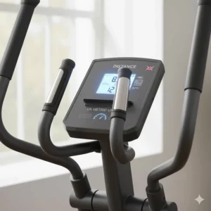 The digital console of a rear drive elliptical displaying distance in kilometres and speed in kph.