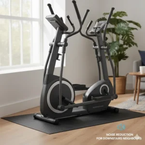 A rear drive elliptical sitting on a thick rubber floor mat to reduce noise for downstairs neighbours.