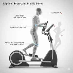 Anatomical diagram of a person using a cross trainer, highlighting low-impact joint protection and the fluid elliptical path that protects fragile bones.