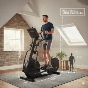 Alt text for image 4: Illustration showing the low step-on height of a front drive elliptical, ideal for tall users in rooms with standard UK ceiling heights.