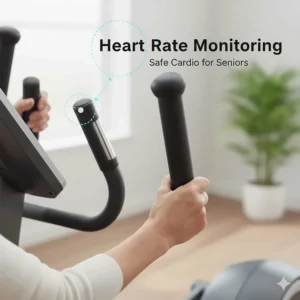 Close-up of integrated pulse sensors on the stationary handles to help older users safely monitor their heart rate during exercise.