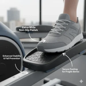 Close-up of extra-wide non-slip pedals on an elliptical trainer designed to provide secure footing and fall prevention for users with osteoporosis.