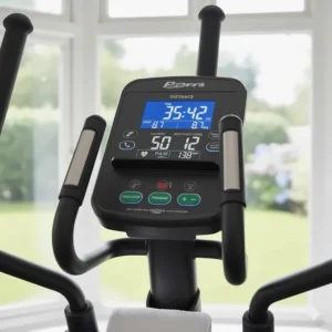 Digital console on a 150kg capacity elliptical showing calorie tracking and UK-compatible metric measurements.