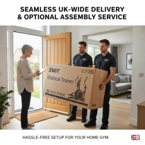 A boxed elliptical trainer being delivered, highlighting UK-wide shipping and assembly services.