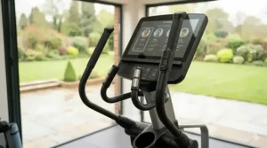 Ergonomic multi-grip handlebars and heart rate sensors on a high-spec family cross trainer.