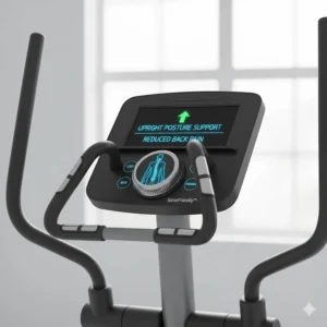 Close-up of cross trainer handlebars and console featuring upright posture support to help minimise lower back pain.