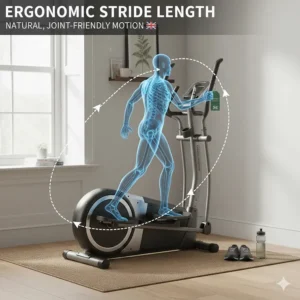 Diagram showing the natural ergonomic stride length of a front-mounted flywheel elliptical trainer.