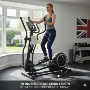 Side profile illustration showing the 20-inch stride length on a 150kg weight capacity elliptical trainer.