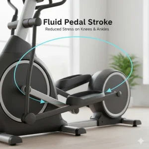 A graphic showing the smooth, circular pedal path of a centre drive machine, emphasising reduced stress on the knees and ankles.