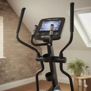 Alt text for image 3: Close-up of an elliptical console display showing custom workout programmes for taller UK athletes.