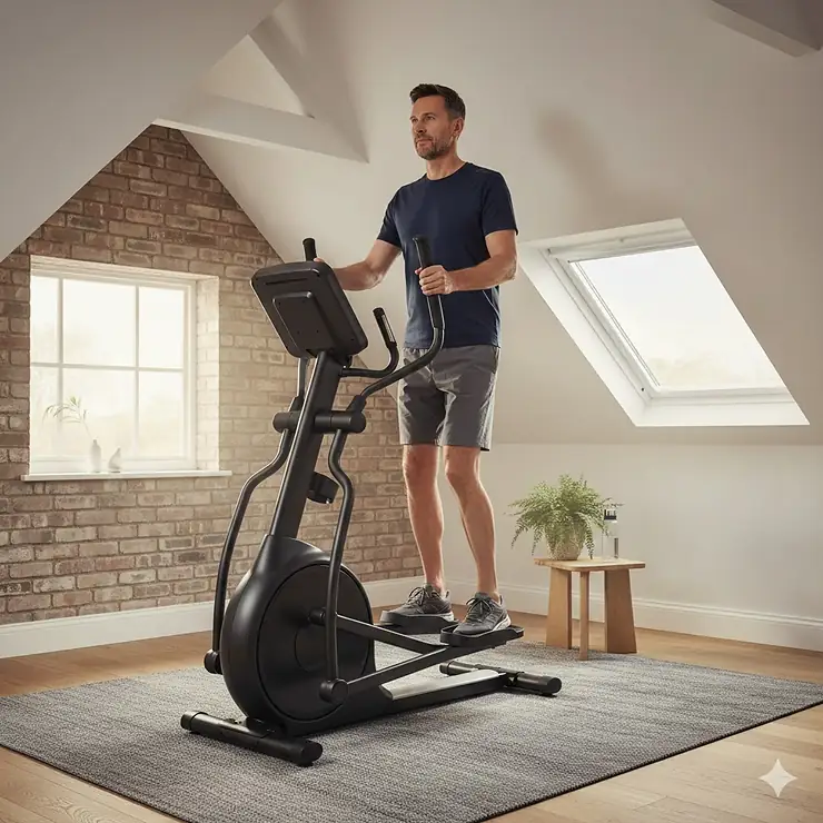 Alt text for image 1: A tall man using a front drive elliptical cross trainer with a long stride length, suitable for users over 6ft in a UK home gym. front drive elliptical suitable for 6ft tall users
