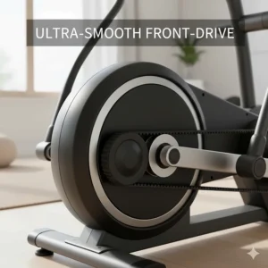 Close-up of a smooth front drive elliptical mechanism designed for low-noise home workouts.