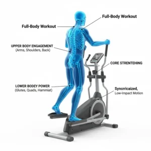 3D skeletal overlay showing full-body engagement on a cross trainer, including core strengthening and synchronised arm and leg movements.