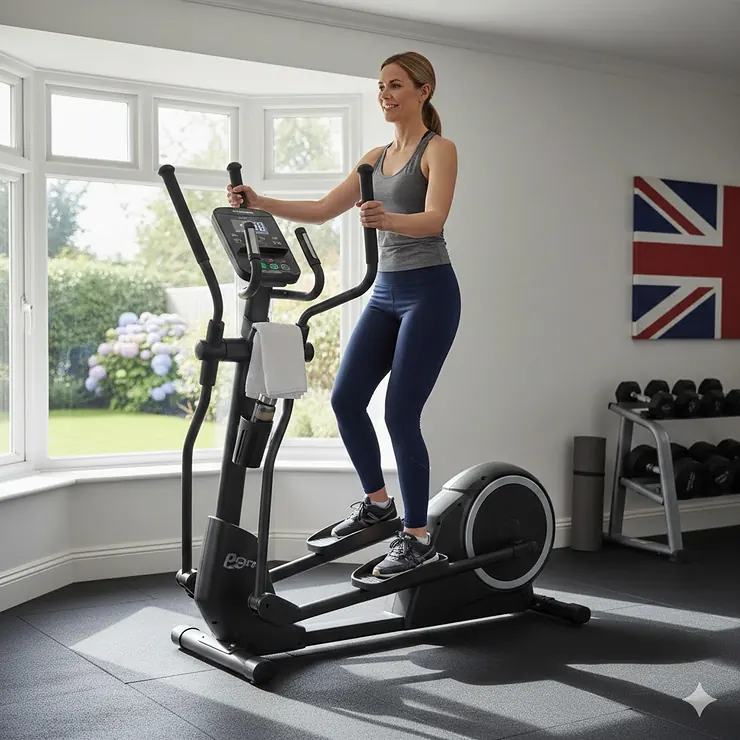 A robust cross trainer with a 150kg weight capacity positioned in a modern UK home gym, showing a sturdy steel frame and ergonomic handles. elliptical 150kg weight capacity