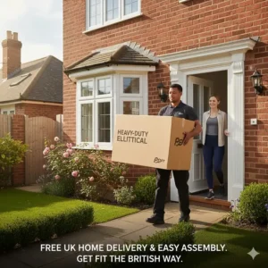 A packaged heavy-duty elliptical being delivered to a UK residence, ready for easy home assembly.