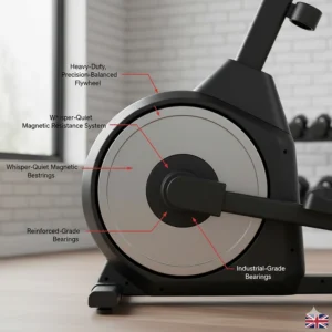 Detailed shot of the heavy-duty rear flywheel assembly on a high-end elliptical for stability and durability.