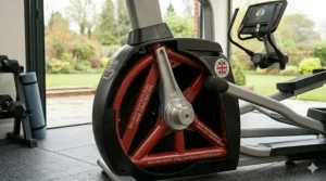 Reinforced steel frame construction of a cross trainer built for high-frequency, multi-user family use.