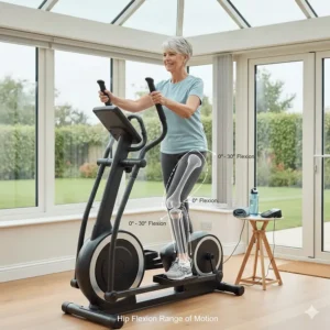 Technical illustration showing the safe 0 to 30 degree hip flexion range of motion on a cross trainer.