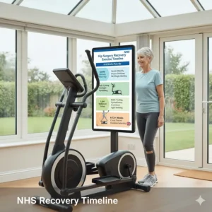 An NHS-style recovery timeline showing when to introduce cross trainer exercise into a post-op fitness routine.
