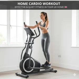 A person performing a low-impact cardio workout on a quiet front drive cross trainer at home.