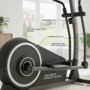 Close-up of industrial-grade sealed bearings in a cross trainer designed for long-term durability.